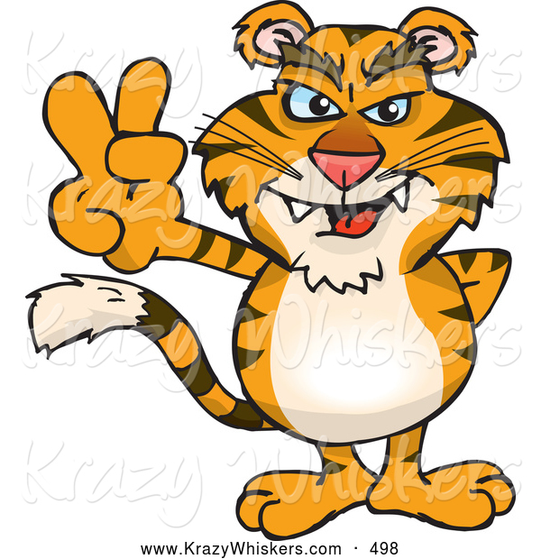 Critter Clipart of a Friendly Peaceful Tiger Smiling and Gesturing the Peace Sign