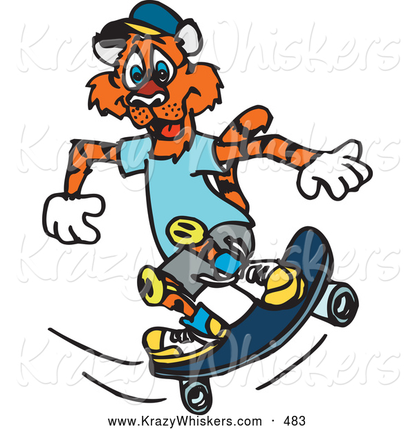 Critter Clipart of a Friendly Skateboarding Tiger in Clothes and Knee Pads
