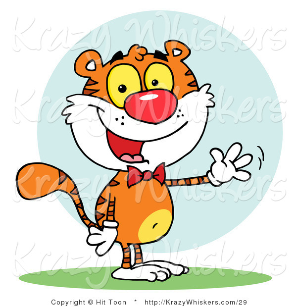 Critter Clipart of a Friendly Tiger Wearing a Red Bow Tie and Waving Hello