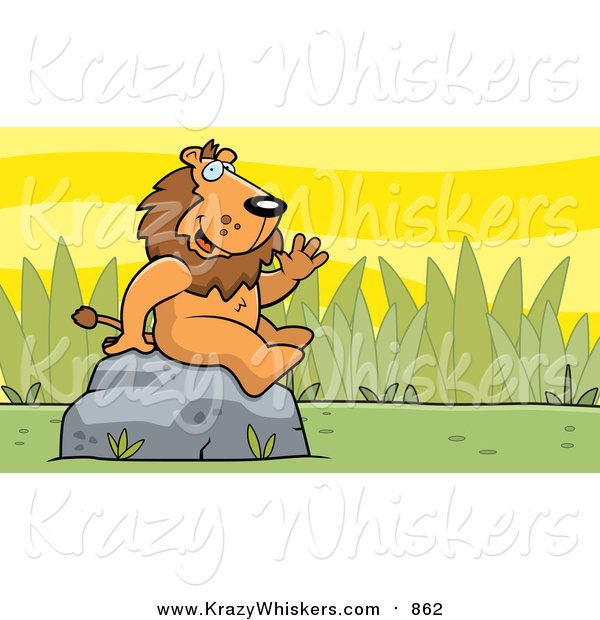 Critter Clipart of a Friendly Waving Male Lion Character on a Rock