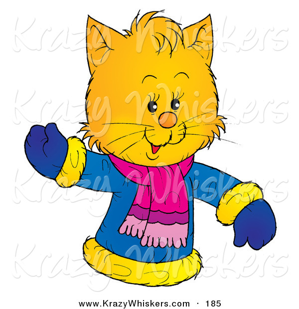 Critter Clipart of a Friendly Yellow Kitty Wearing a Winter Coat and Waving