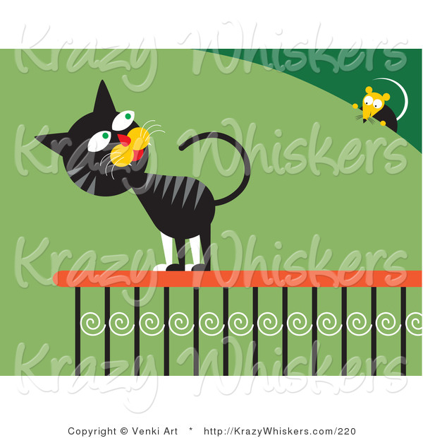Critter Clipart of a Frisky Black and Gray Cat on a Porch Railing, Looking over His Shoulder at a Mouse on a Bush