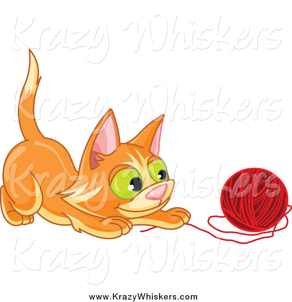 Critter Clipart of a Frisky Ginger Kitten Playing with a Ball of Red Yarn