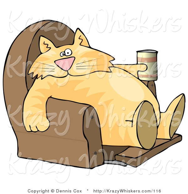 Critter Clipart of a Funny Human-like Orange Tabby Cat Sitting on a Recliner Chair with a Can of Beer