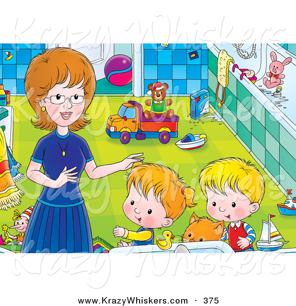 Critter Clipart of a Ginger Cat and a Pair of Kids Getting Help from Mom in a Bathroom