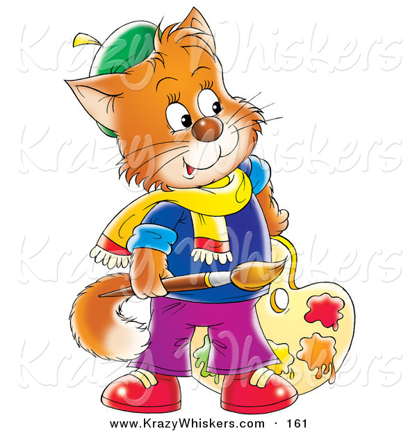 Critter Clipart of a Ginger Cat Artist Holding a Paintbrush and Paint Palette