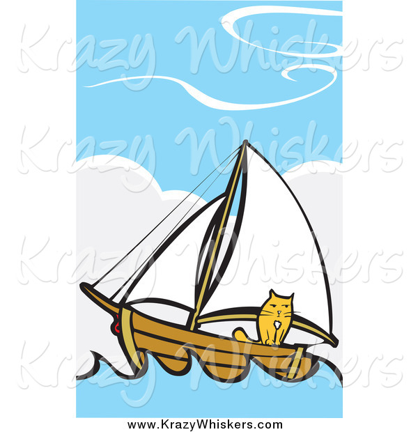 Critter Clipart of a Ginger Cat on a Sailboat at Sea