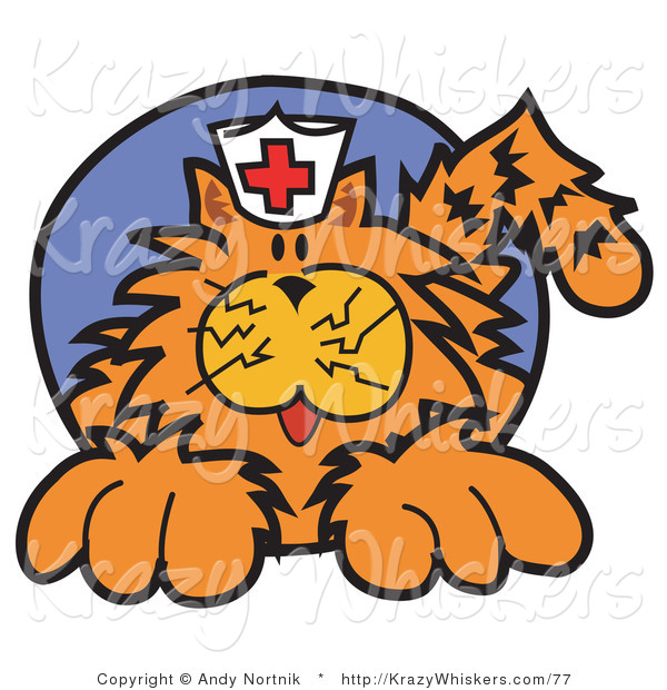 Critter Clipart of a Ginger Cat Wearing a White Nursing Hat with a Red Cross on It