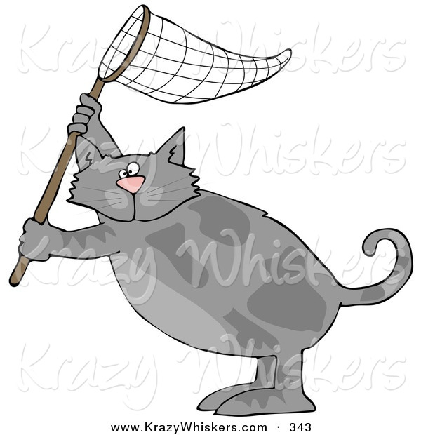 Critter Clipart of a Gray Kitty Cat Standing on Its Hind Legs and Holding up a Fishing Net