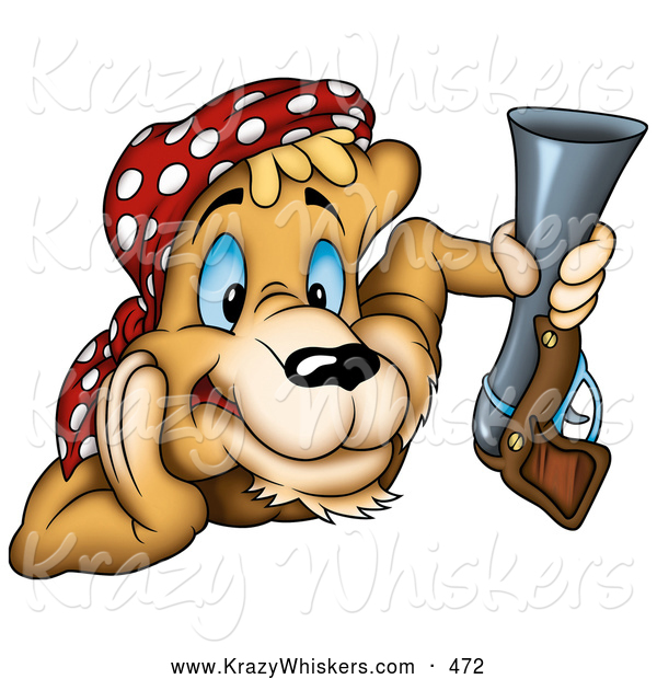 Critter Clipart of a Grinning Alert Cougar Pirate or Hunter Wearing a Bandana and Holding a Gun