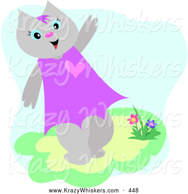 Critter Clipart of a Grinning Friendly Female Cat Waving and Walking by Flowers