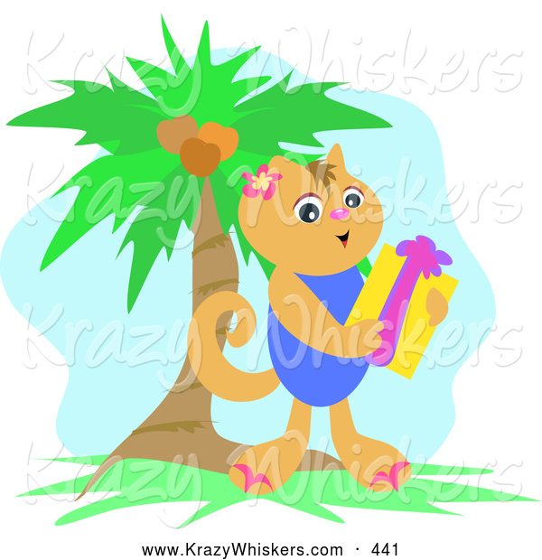 Critter Clipart of a Grinning Happy Hawaiian Cat Holding a Gift near a Palm Tree on Christmas