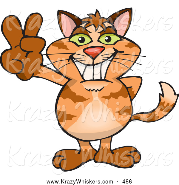 Critter Clipart of a Grinning Peaceful Ginger Cat Smiling and Gesturing the Peace Sign with His Hand