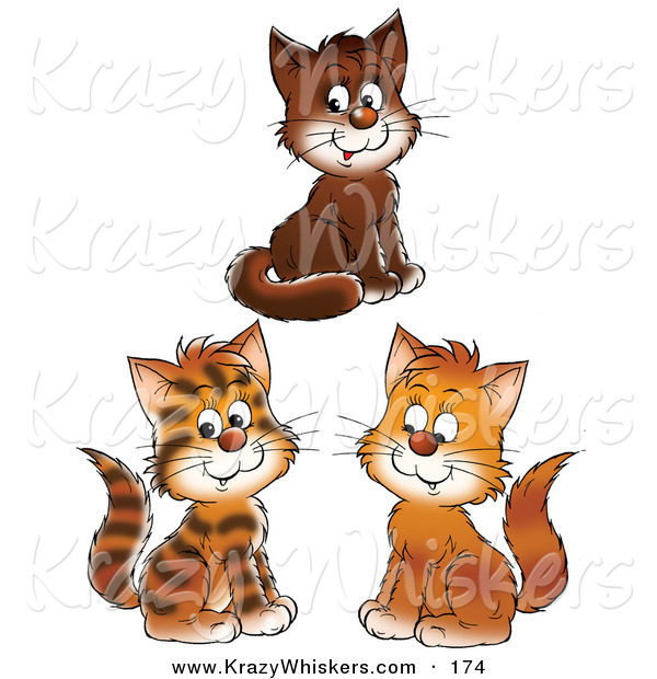 Critter Clipart of a Group of Three Brown, and Striped Kittens Smiling and Looking Forward