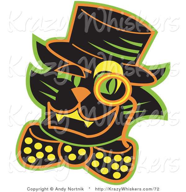 Critter Clipart of a Halloween Black Cat Wearing a Hat and a Bow and a Yellow Monacle over His Eye