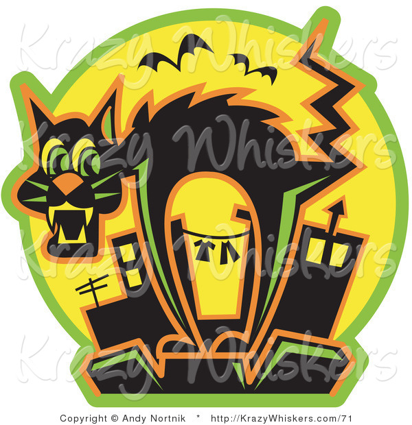 Critter Clipart of a Halloween Scared Black Cat Arching Its Back As Bats Fly by While Standing on Top of a City Building