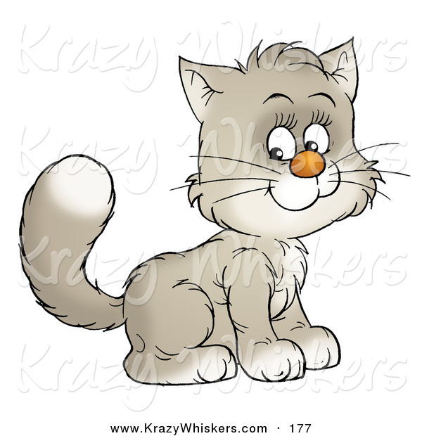 Critter Clipart of a Happy and Adorable White and Gray Kitty Cat Sitting and Smiling