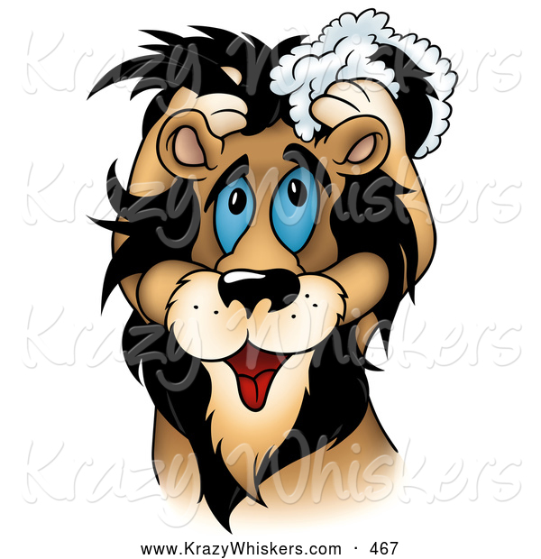 Critter Clipart of a Happy and Cute Blue Eyed Male Lion Washing His Mane with Shampoo