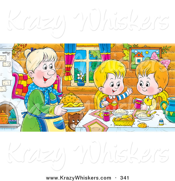 Critter Clipart of a Happy and Smiling Boy and Girl at a Table, Eating Fresh Food Made by Grandma