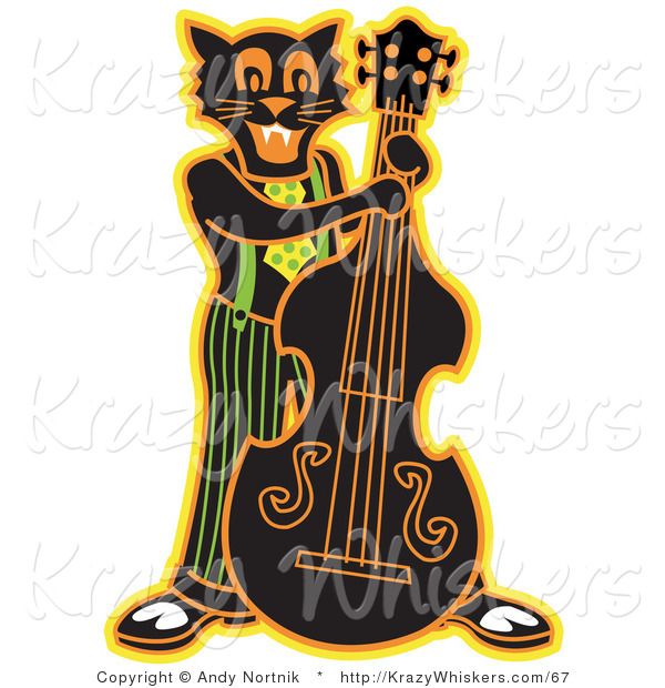 Critter Clipart of a Happy Black Cat Playing a Bass Fiddle in a Band