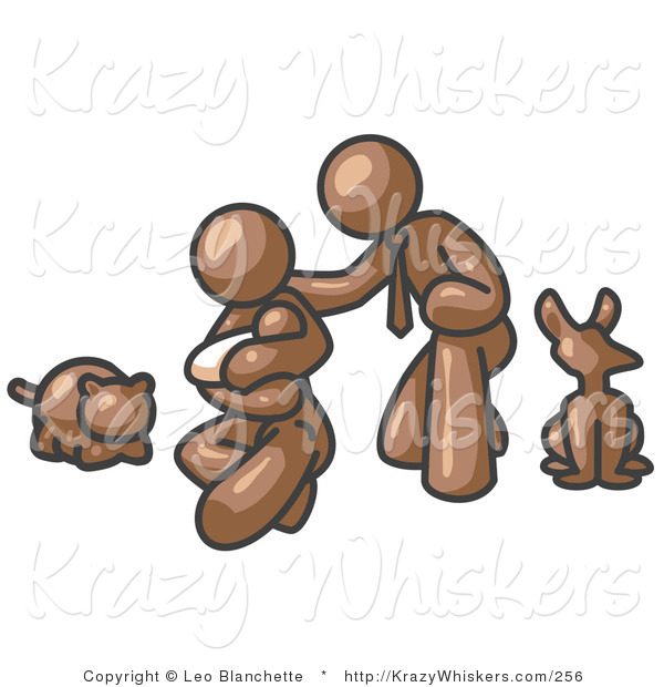 Critter Clipart of a Happy Brown Family, Father, Mother and Newborn Baby with Their Dog and Cat