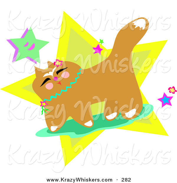 Critter Clipart of a Happy Brown Japanese Cat with Flowers and StarsHappy Brown Japanese Cat with Flowers and Stars