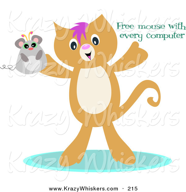 Critter Clipart of a Happy Brown Kitten Holding up a Mouse with "Free Mouse with Every Computer" Text