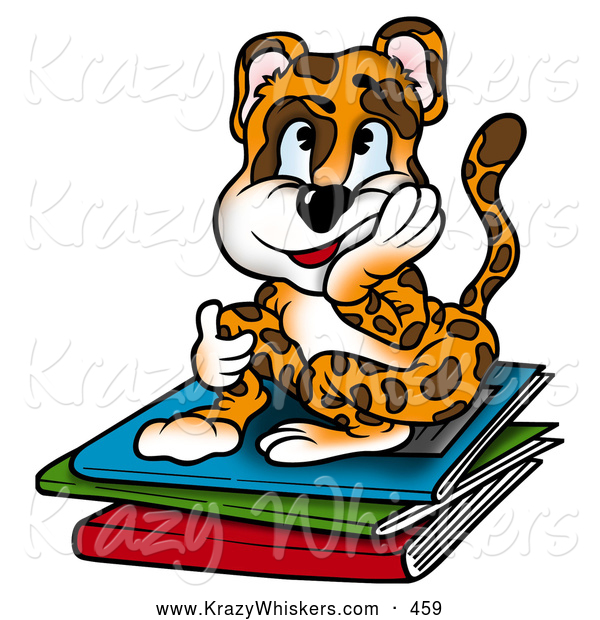 Critter Clipart of a Happy but Tired Leopard Student Sitting Atop a Stack of Folders of Homework