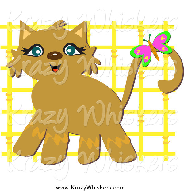 Critter Clipart of a Happy Cat with a Butterfly and Yellow Lattice