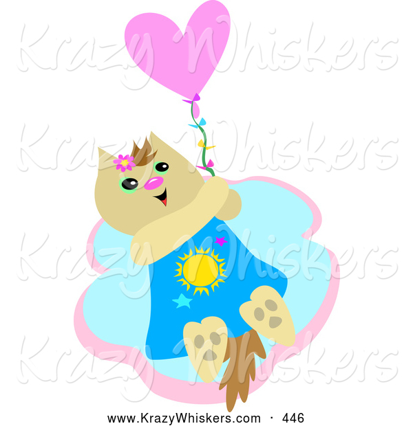 Critter Clipart of a Happy Furry Beige Cat Holding onto a Heart Balloon and Floating in the Sky
