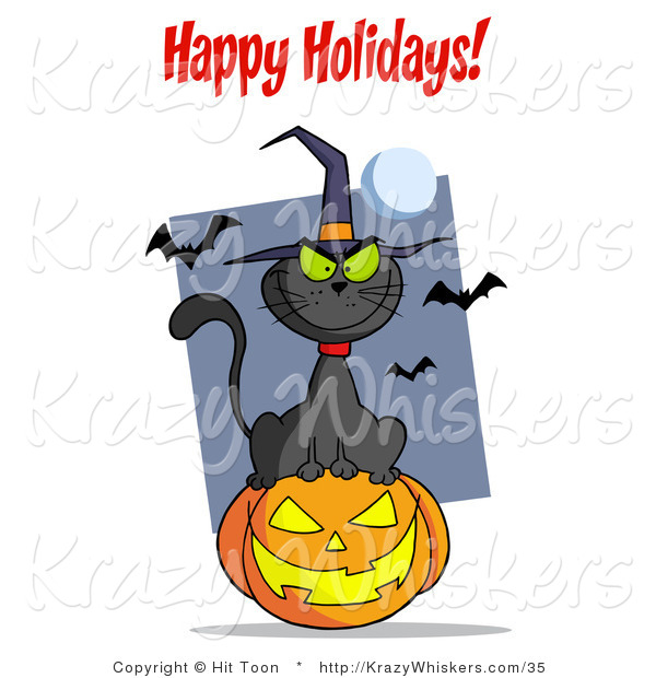 Critter Clipart of a Happy Holidays Greeting over a Black Cat and Pumpkin