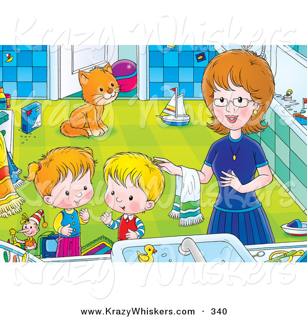 Critter Clipart of a Happy Mom Helping Her Children Get Cleaned up in a Bathroom, a Cat Watching in the Background