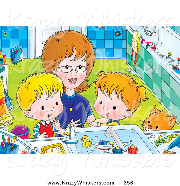 Critter Clipart of a Happy Mother Bending down to Help a Boy and Girl Clean Themselves up in a Bathroom