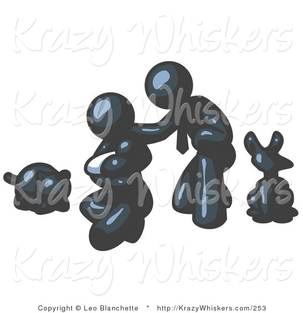 Critter Clipart of a Happy Navy Blue Family, Father, Mother and Newborn Baby with Their Dog and Cat