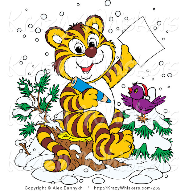 Critter Clipart of a Happy Purple Bird in the Snow, Wearing a Santa Hat, Perched on a Tree by a Tiger Who Is Writing a Dear Santa Letter for Christmas