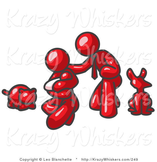 Critter Clipart of a Happy Red Family, Father, Mother and Newborn Baby with Their Dog and Cat