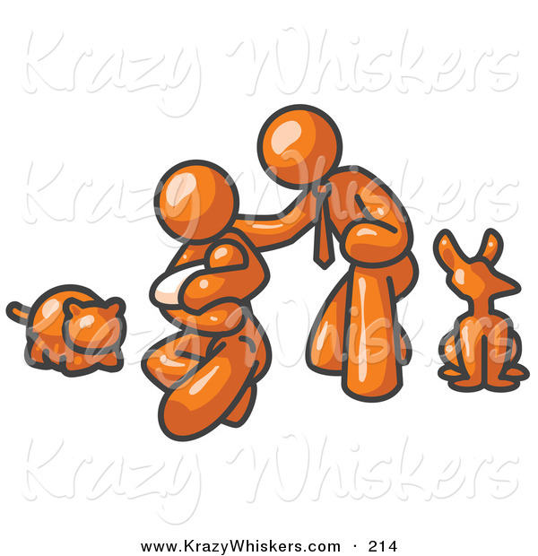Critter Clipart of a Happy Shiny Orange Family, Father, Mother and Newborn Baby with Their Dog and Cat