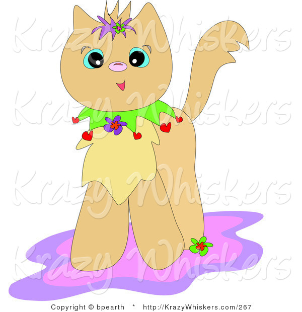 Critter Clipart of a Happy Tan Kitty Cat with a Colorful Collar, Standing on a Pink and Purple Rug