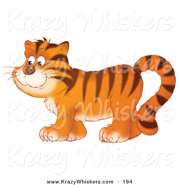 Critter Clipart of a Happy Tiger in Profile, Walking to the Left over White