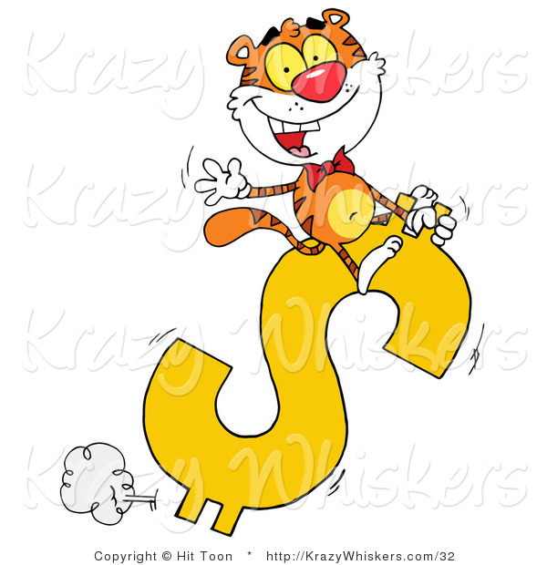 Critter Clipart of a Happy Tiger Riding on a Dollar Symbol and Waving