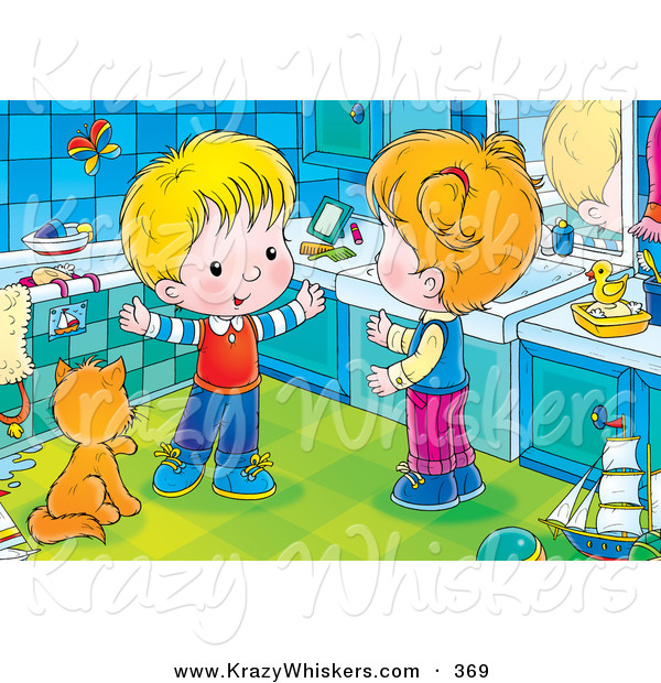 Critter Clipart of a Happy White Boy Talking with His Sister While Standing by a Cat Kin a Bathroom