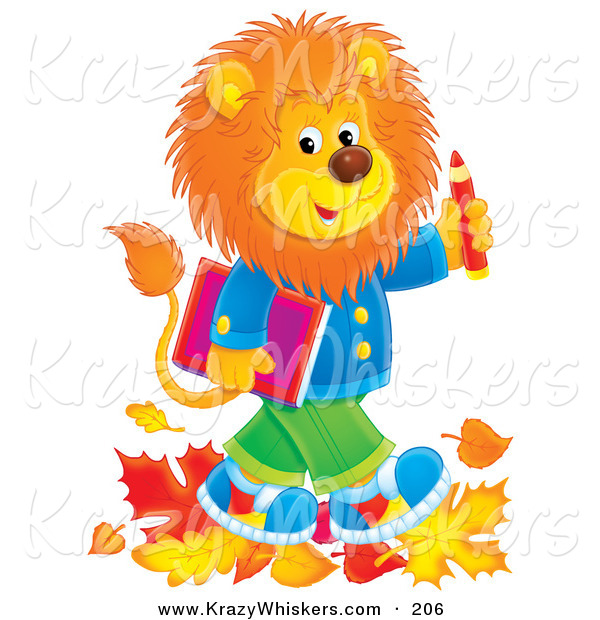 Critter Clipart of a Happy Young Male Lion Wearing Clothes and Walking Through Leaves on His Way to School