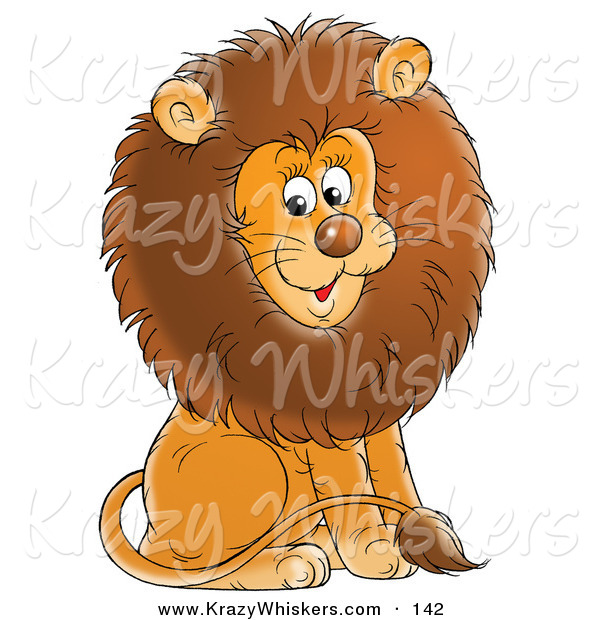Critter Clipart of a Happy Young Male Lion with a Big Brown Mane, Sitting and Smiling