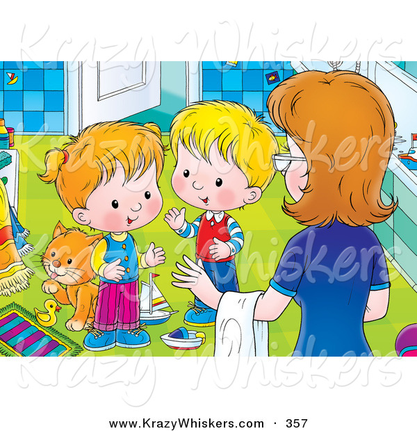 Critter Clipart of a Helpful Mother Instructing Her Two Little Children to Clean up the Messy Bathroom