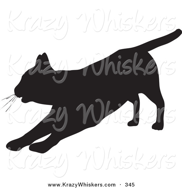 Critter Clipart of a Lazy House Cat Silhouetted in Black, Stretching out on Its Front Legs