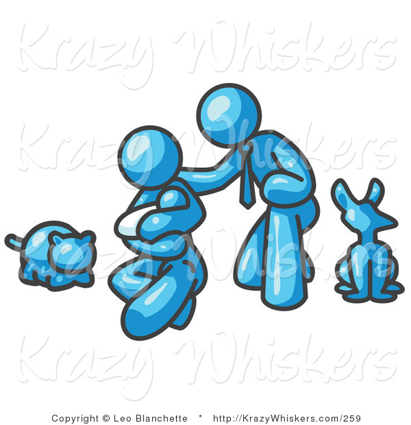 Critter Clipart of a Light Blue Family, Father, Mom and Newborn Baby with Their Dog and Cat