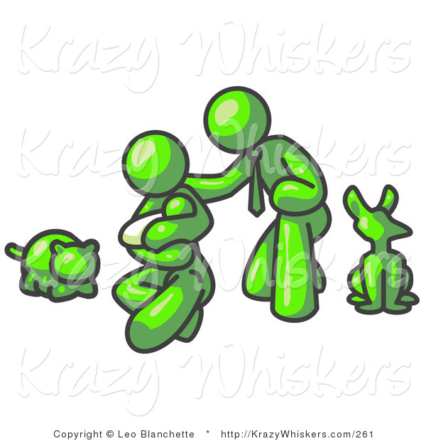 Critter Clipart of a Lime Green Family, Father, Mom and Newborn Baby with Their Dog and Cat