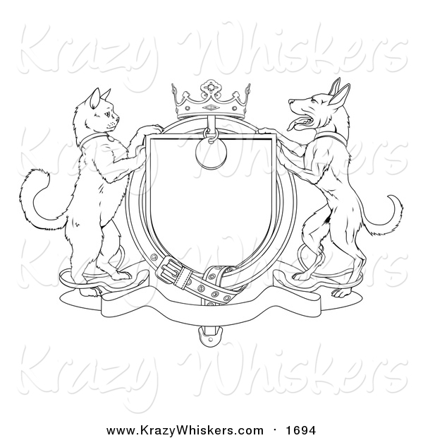 Critter Clipart of a Lineart Cat and Dog Heraldic Coat of Arms Shield