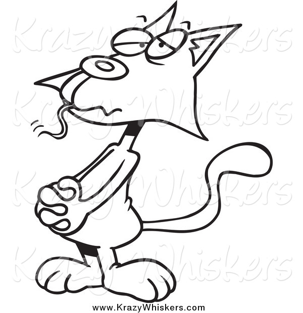 Critter Clipart of a Lineart Guilty Cat with a Mouse in His Mouth