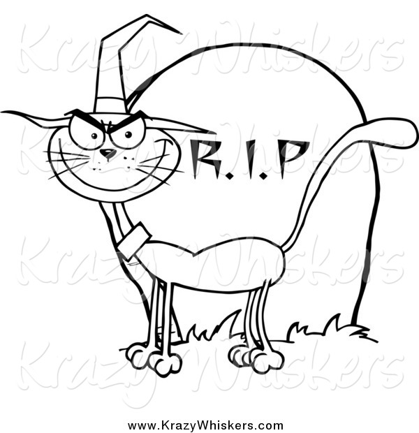 Critter Clipart of a Lineart Halloween Witch Cat by a Tombstone